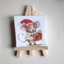 Mini obraz ręcznie malowany myszka prezent Boże Narodzenie