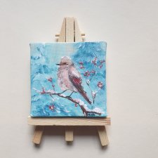 Mini obraz ręcznie malowany ptak zima