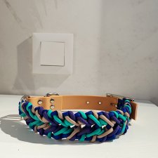 Obroża dla psa Paracord Handmade 36-42 cm M beżowo-turkusowo-fioletowo-niebieska + wodoodporny pasek