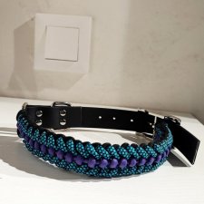 Obroża dla psa Paracord Handmade 36-42 cm M czarno-niebiesko-fioletowa + wodoodporny pasek