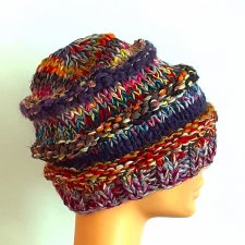 czapka, z wełny, na drutach, fioletowa, kolorowa