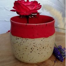 CZERWONY KUBEK CERAMICZNY duża czarka  kamionkowa IDEALNA DO KAWY CAPPUCCINO w woreczku jutowym GOTOWY DO WRĘCZENIA PREZENT WALENTYNKOWY