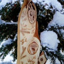 Dwie sowy, płomykówka i sowa uszata, obraz na drewnie, dekoracja drewniana, pirografia