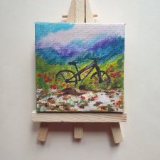 Obraz ręcznie malowany mini "Góry" +sztaluga rower maki