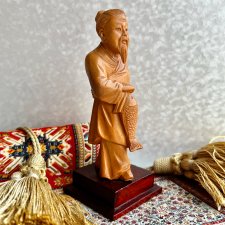 Vintage Chinese Wooden Fisherman Figurine Hand Carved ❤ Ręczne wykonanie, sygnowana