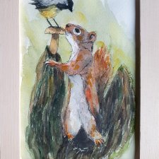 Akwarela ręcznie malowana wiewiórka i sikorka +rama