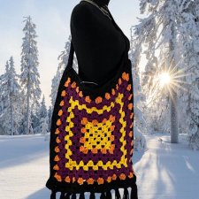 Unikat Duża Szydełkowa Torba Handmade z frędzlami Vintage Boho Hippie bez zapięcia