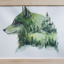 Akwarela ręcznie malowana Wilk las pejzaż góry