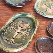 Mydelniczka zielona ceramiczna Drzewo życia, akcesoria do łazienki, ceramiczna, wzory, turkusowa