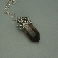 Wisiorek Talizman surowy kwarc dymny ze szpicem, wire wrapping, stal chirurgiczna