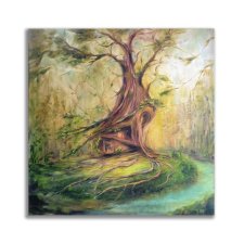 Obraz olejny ręcznie malowany 60x60 cm autorski oryginalny domek drzewo