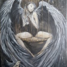 Obraz ręcznie malowany autorski Oryginał 50x70 Anioł skrzydła klatka