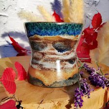 ORYGINALNA KAMIONKOWA CZARKA "CERAMICZNA FANTAZJA" designerski kubek ceramiczny OZDOBNY WORECZEK JUTOWY W ZESTAWIE garncarstwo polskie GAIA