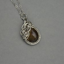 Duży wisior kwarc dymny, wire wrapping kwarc rutylowy