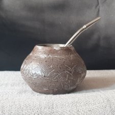 Ręcznie robiony Mateo, Gourd, Calabash - kubek do yerba mate z gliny szamotowej, szeroki, w liście