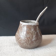 Ręcznie robiony Mateo, Gourd, Calabash - kubek do yerba mate z gliny szamotowej, wyższy, w liście