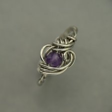 Pierścionek regulowany ametyst, wire wrapping, stal chirurgiczna