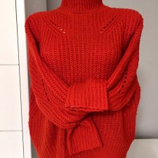 Sweter półgolf gruby ciepły czerwony Pieces r.S ażurowy