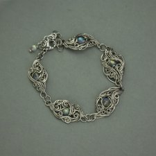 Bransoletka z kolorowymi labradorytami, wire wrapping, stal chirurgiczna, labradoryt