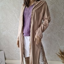 Długa narzutka beż styl boho festwal sztuczny zamsz L 40