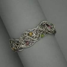 Bransoleta szeroka kolorowy turmalin, wire wrapping, stal chirurgiczna, unikatowa bransoletka
