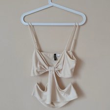 H&M L 40 53% wiskoza crop top bluzka mocno wycięta kokarda beżowa kremowa