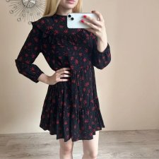 Zara S 36 100% wiskoza sukienka z kołnierzem czarna czerwona print