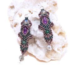 Wenecja drobne kolczyki boho Ametyst Labradoryt Szmaragd w makramie Ag 925 kamienie naturalne DelfinaDolls mikro makrama