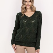 Sweter ażurowy z dekoltem w serek - SWE341 ciemny zielony MKM