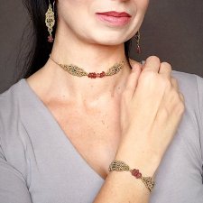 Złota Klatka kryształ górski w makramie komplet lekkie kolczyki bigle Ag 925 bransoletka i choker mikro makrama