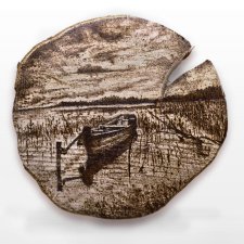 Łódka - pirografia (22x23 cm) - obraz wypalany na drewnie, woodburning, pyrography art