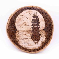 Statek - pirografia (10x10 cm) - obraz wypalany na drewnie, oryginalny upominek, prezent dla Niej, prezent dla Niego