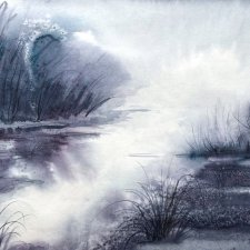 Akwarela 30x40cm Mglisty poranek na terenach zalewowych