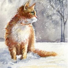 Kotek na śniegu Original Akwarela A5