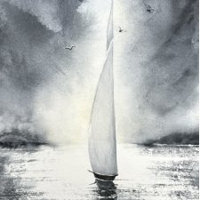 Żaglówka na morzu. Akwarela A4