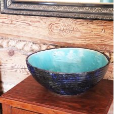 Umywalka turkusowa 38 cm, umywalka niebieska, umywalka nablatowa, umywalka ceramiczna, umywalka gliniana, umywalka ręcznie robiona