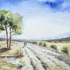 Spacer po wiejskich drogach originalna akwareli A4