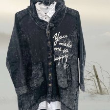 Designerski długi damski kardigan Tredy z kapturem i nadrukami w stylu bluzy – rozmiar 46/48