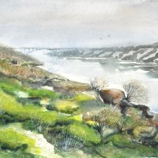 Wiosenny brzeg rzeki 30/42cm. Original Akwarela A3