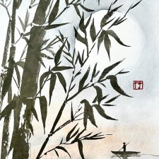 Bambus i rybak japońskie malarstwo sumi-e. Original Akwarela A4