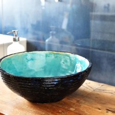 Umywalka turkusowa 45 cm, umywalka niebieska, umywalka nablatowa, umywalka ceramiczna, umywalka gliniana, umywalka ręcznie robiona