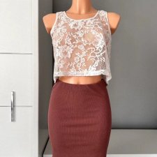 Pieces S 36 M 38, crop top, krótka bluzka, ażurowa, koronkowa