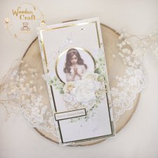 Kartka komunijna pamiątka pierwszej komunii "White Roses 2" GOTOWA