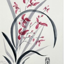 Wdzięk orchidei. japońskie malarstwo sumi-e. Original Akwarela A4+