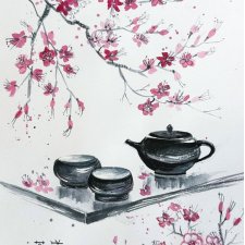 Ceremonia picia herbaty. japońskie malarstwo sumi-e. Original Akwarela A4+
