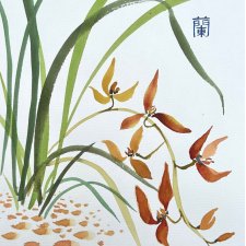 Beżowa orchidea. japońskie malarstwo sumi-e. Original Akwarela A4