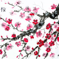 Gałązka wiśniowa japońskie malarstwo sumi-e. Original Akwarela A4
