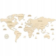 MAPA ŚWIATA drewniana 150 cm Mapa świata z państwami na ścianę Z PINEZKAMI