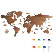 Mapa świata drewniana na ścianę 3D z DODATKAMI Państwa i stolice 180cm