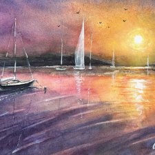 Zachód słońca w porcie. Original Akwarela A4